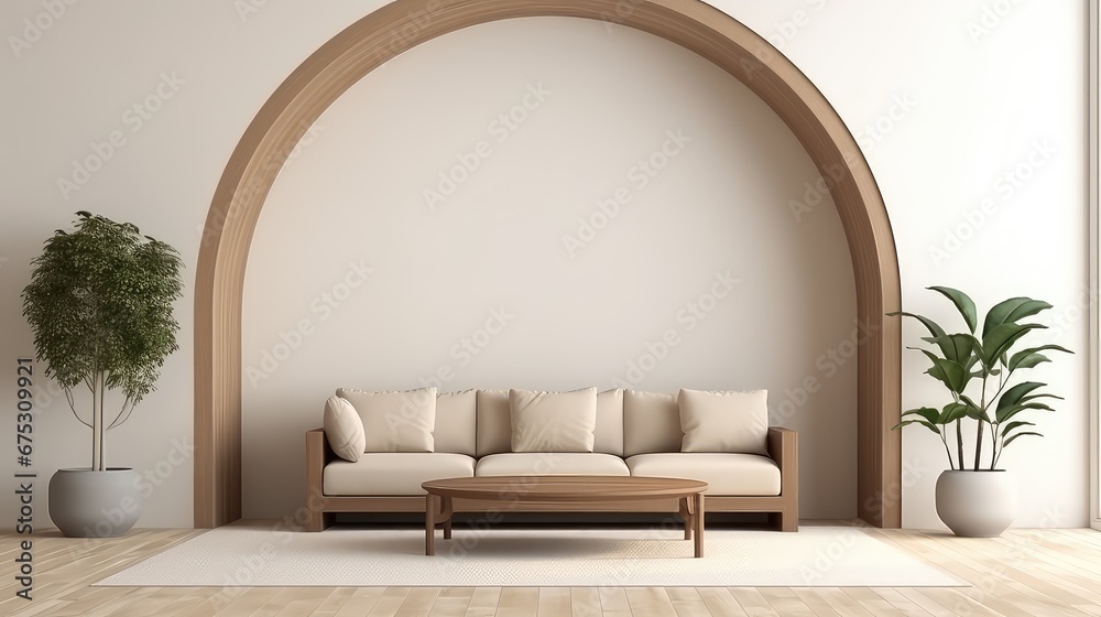 Fototapeta premium 3D interior rendering of a wooden bench in living space and a wooden arch on wall background.