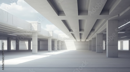 3d exterior rendering of a parking lot with a bare concrete floor and ceiling.