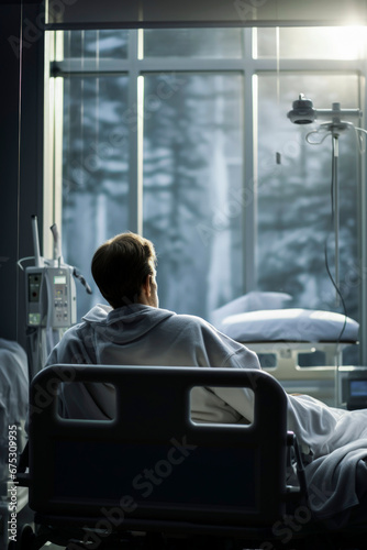Generative AI illustration back view of male patient sits on a hospital bed gazing out of a window towards with medical equipment by his side photo