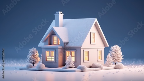 3D interior rendering of a modern house in winter. photo