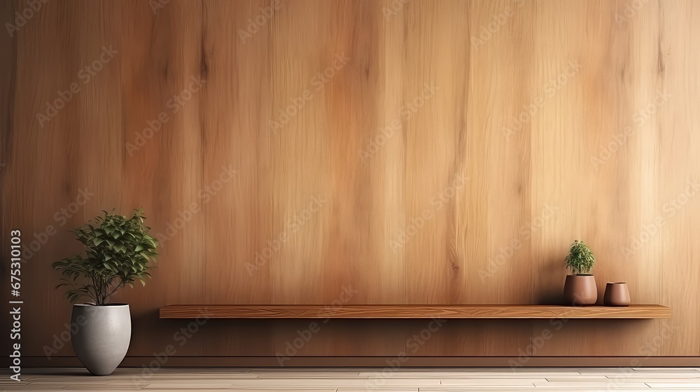 3D interior rendering of a potted plant, built-in wooden shelving on wall in the living room. 3D interior rendering of a potted plant, built-in wooden shelving on wall in the living room.