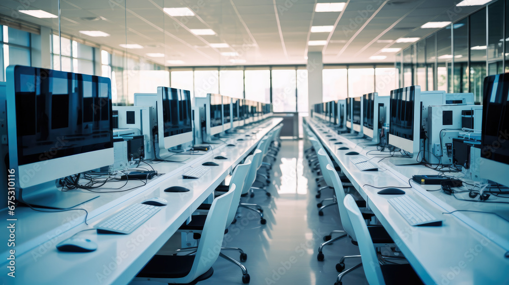 Naklejka premium Classroom Computer Laboratory, Rows of computers align in a school lab, Engage in digital learning.