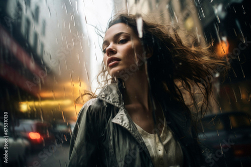 Generative AI illustration of woman with tousled hair stands amidst a downpour looking away as the city hustle and lights create a dynamic backdrop photo