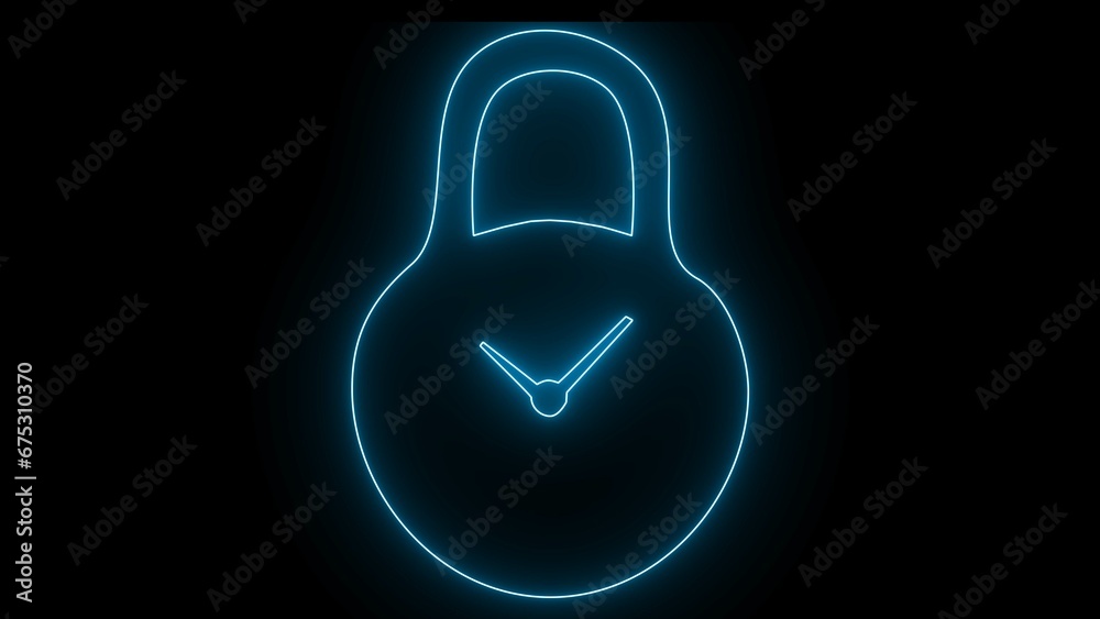 Bright neon line padlock with clock icon isolated on black background. Concept of time management. Lock and plan symbol. Bright neon line padlock with clock icon isolated on black background. Concept of time management. Lock and plan symbol.