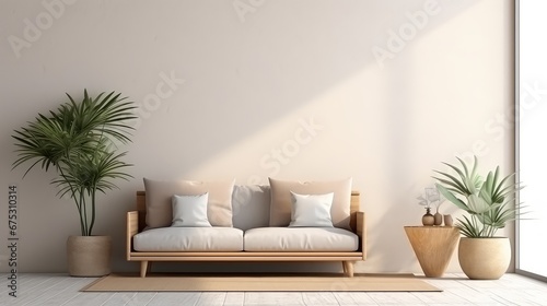 3D rendering of a couch cushion on a wooden bench in the living room.
