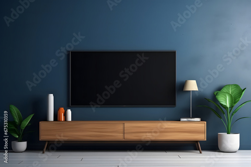 Modern interior of living room with tv on the cabinet on dark blue wall background.