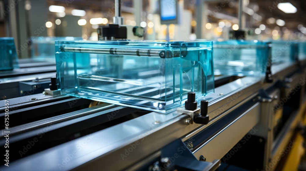 High-Tech Automation in Precision Manufacturing: Transparent Materials on Conveyor in Industrial Setting High-Tech Automation in Precision Manufacturing: Transparent Materials on Conveyor in Industrial Setting