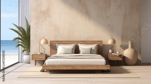 3D rendering of a bedroom with a large window overlooking the natural view.