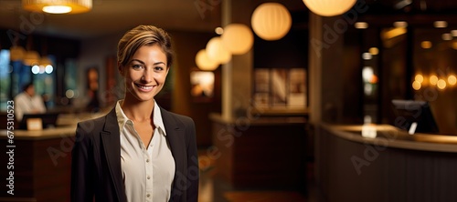 The receptionist or hotel, restaurant smiles welcomingly, in the background living room, hotel lobby waiting room