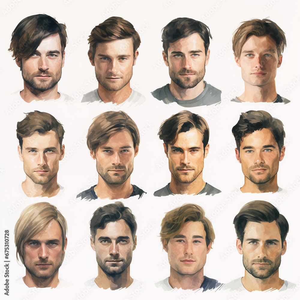 Fototapeta premium set of watercolor clip art of male faces isolated on white background for graphic design