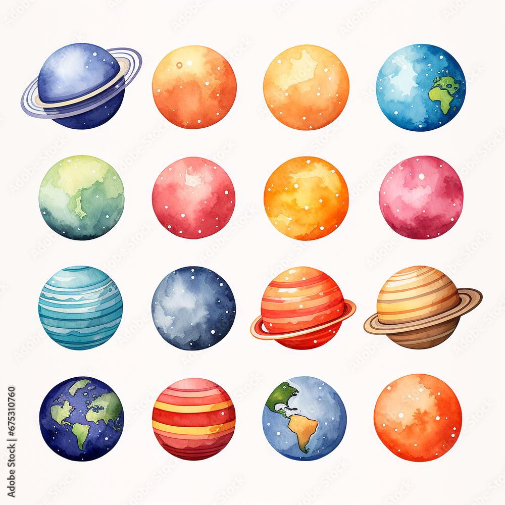 set of watercolor clip art of planets isolated on white background for graphic design set of watercolor clip art of planets isolated on white background for graphic design