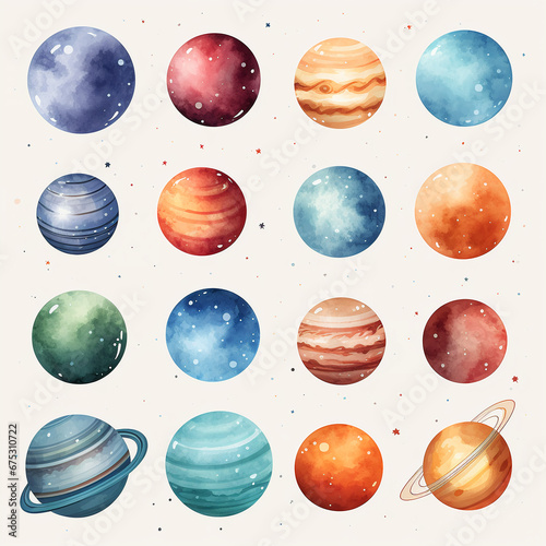 set of watercolor clip art of planets isolated on white background for graphic design