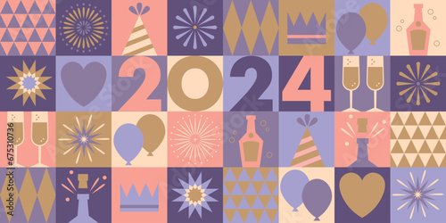 Happy New Year seamless vector repeat pattern with champagne, party hats, cocktails, fireworks, fun, colorful background for invitations, events, party, restaurant, menu, flyer, poster.