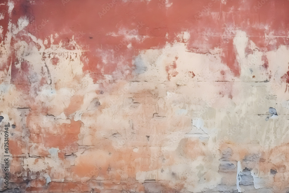 Empty Old Brick Wall Texture. Painted Distressed Wall Surface. Grungy Wide Brickwall. Grunge Red Stonewall Background. Shabby Building Facade With Damaged Plaster. Abstract Web Banner. generative AI.