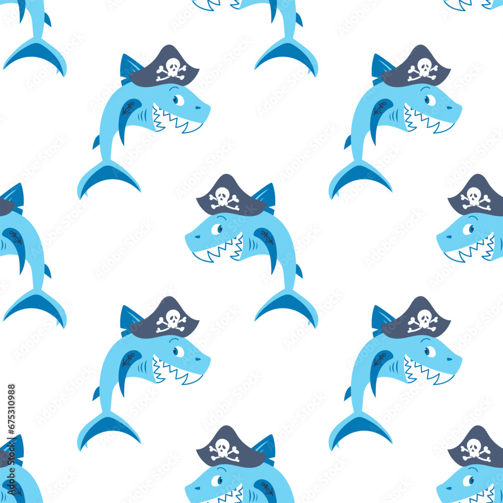 Obraz premium Cute shark pirate in a cocked hat, laughs. Anchor tattoo on fin. Children cartoon character. Adventures and travel. seamless pattern in flat style. For wallpaper, fabric, wrapping, background.