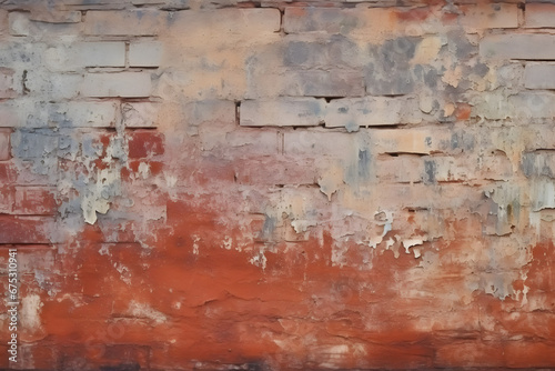 Empty Old Brick Wall Texture. Painted Distressed Wall Surface. Grungy Wide Brickwall. Grunge Red Stonewall Background. Shabby Building Facade With Damaged Plaster. Abstract Web Banner. generative AI.