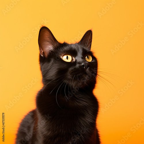 Black cat portrait on isolated orange background - ai generative