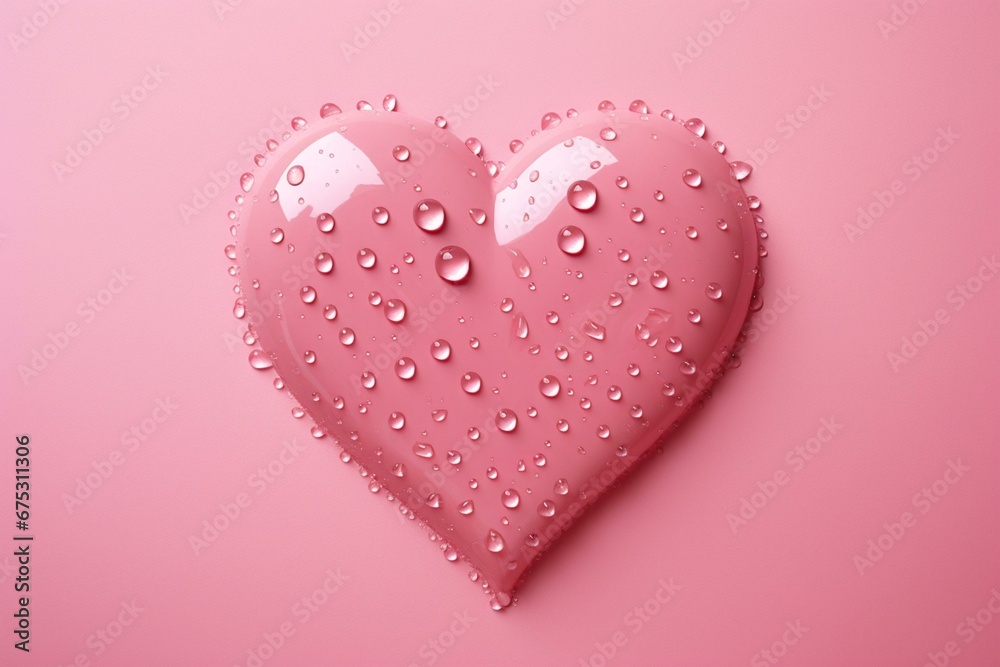 Pink heart with water droplets on a pink background and white border. Generative AI