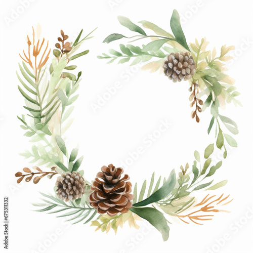 Christmas Banner with Fir Branches, Pinecone and Place for Text. Green Leaf Wreath, Greenery Branches, Garland, Border, Frame, Elegant Watercolor Isolated on White Background. Wedding Invitation Card © PEPPERPOT