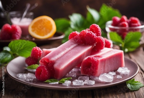 Homemade raspberry yogurt popsicles on a plate with ice and fresh berries
