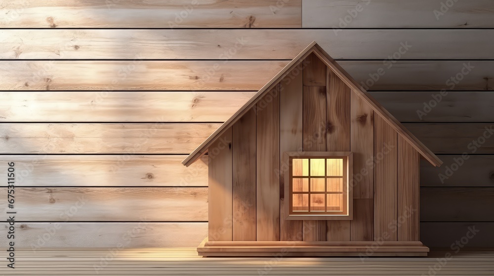 3D rendering of a wooden houses model on the floor. 3D rendering of a wooden houses model on the floor.