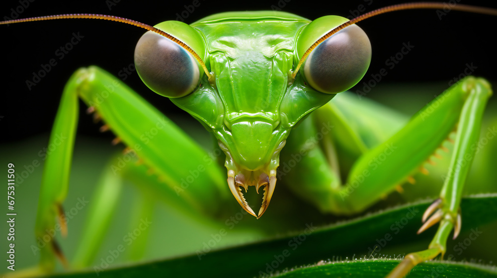 Macro photography of a mantis on a leaf. close up - obrazy, fototapety, plakaty 