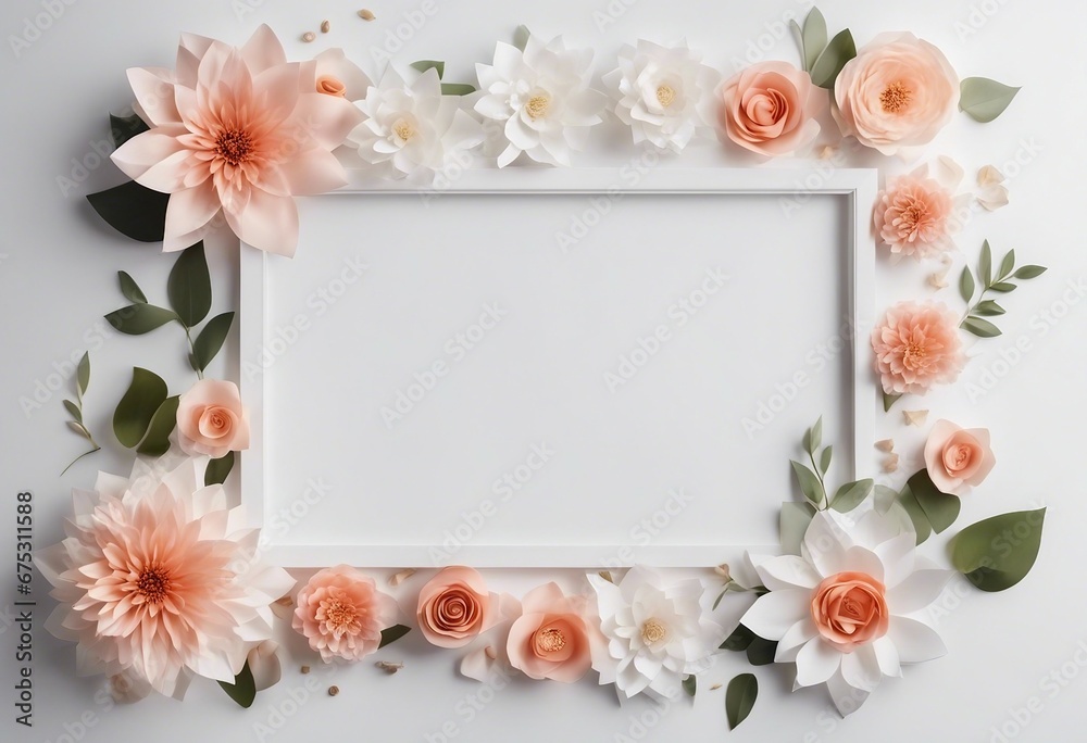 White frame on white background with paper flowers and leaves with copy space in the middle White frame on white background with paper flowers and leaves with copy space in the middle