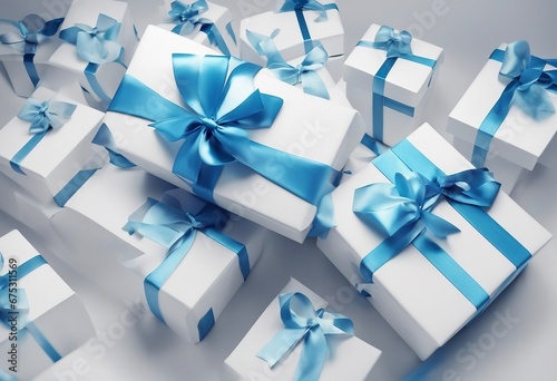 White and blue gift boxes with blue ribbons on white background watercolor style