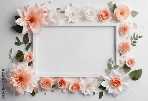 White frame on white background with paper flowers and leaves with copy space in the middle
