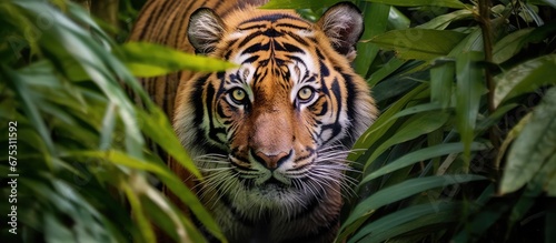 The beautiful background of the tropical jungle provided the perfect pattern for the majestic tiger with its striking black and orange coat showcasing the stunning beauty of this cute and fe