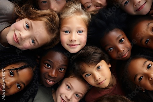 Faces of children of different races and ethnicities stare into the frame for selfies photo