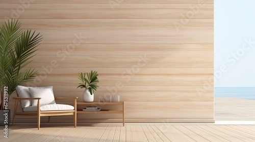 3D interior rendering of a potted plant, built-in wooden shelving on wall in the living room.
