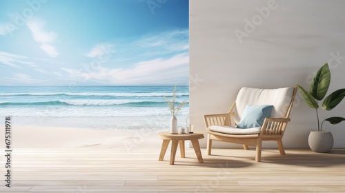 3D rendering interior of a living room with sea view background.