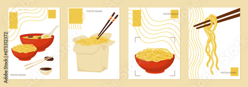 noodles in a red bowl. Asian food poster design. Set of vector illustrations. Typography.  Labels, cover, t-shirt print, painting.
