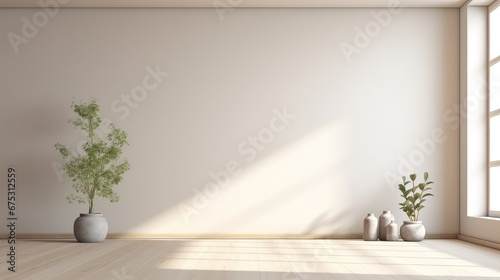 3d rendering of the empty living room with a potted plants on the floor.