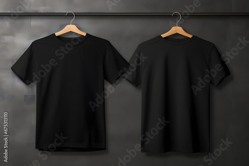 Black T-Shirt Mock-up on wooden hanger, front and rear side view. High resolution