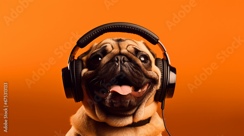 Happy pug dog wearing headphones portrait on isolated orange background - ai generative photo