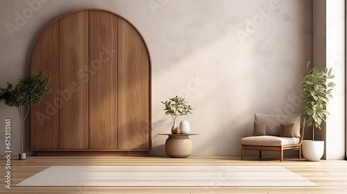 3D interior rendering of a wooden bench in living space with pointed arched window and a wooden arch on wall background .