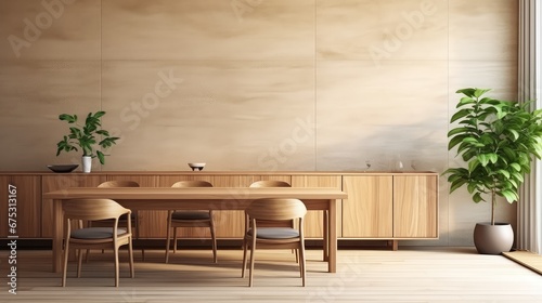 3D rendering interior of a wooden dining table in a modern dining room.
