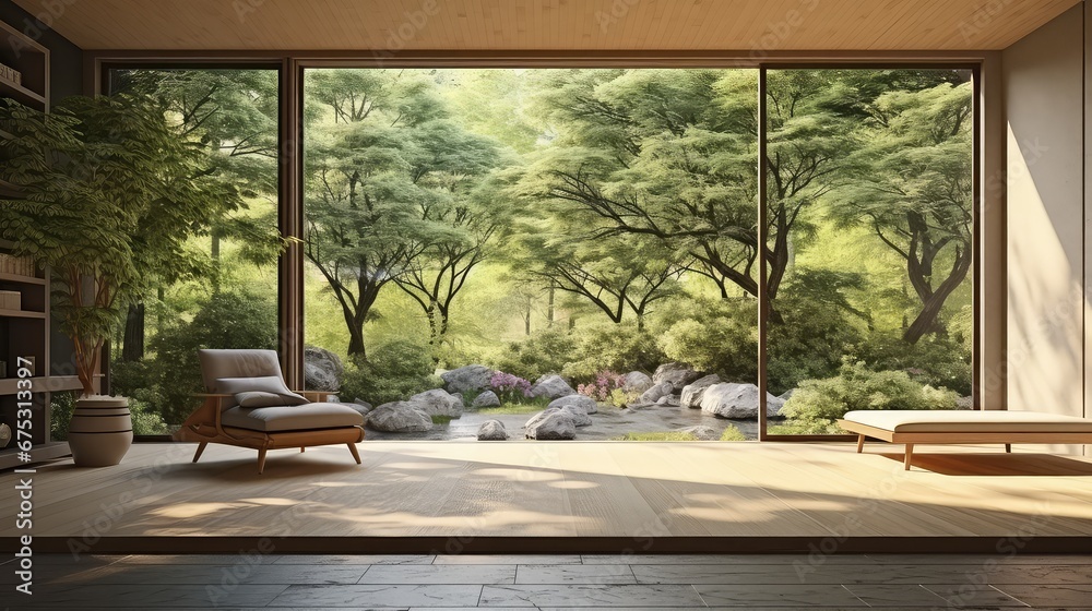 3D rendering of a modern living room with a natural view background.