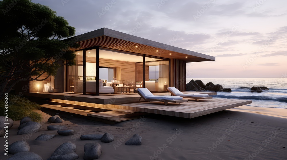 3D interior rendering of a modern house is simple in design with a wide front porch and sea scenery.