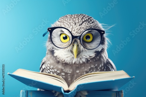 Wallpaper Mural Owl in glasses with book on blue background. Owl reading, wisdom, reading develope concepte Torontodigital.ca