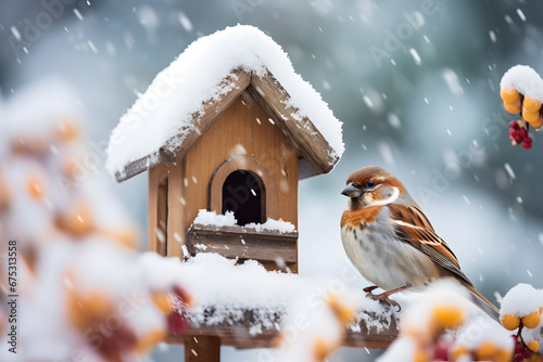Small sparrow bird next to feeding house in snow during winter photo
