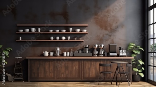 3D rendering of a wooden counter and stools in a coffee shop including coffee cups, equipment, and a cash register.