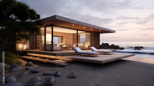 3D interior rendering of a modern house is simple in design with a wide front porch and sea scenery.