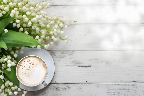  cup of cappuccino with spring lily of the valley flowers over white wooden table.
