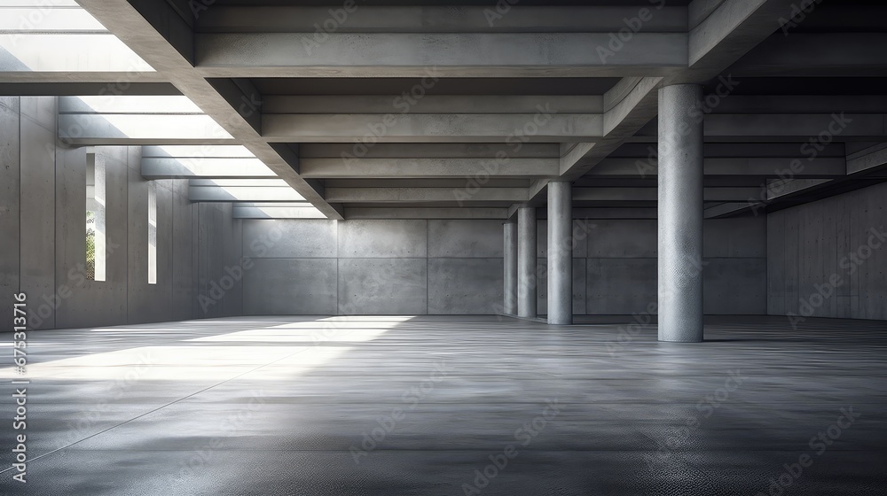 3d exterior rendering of a parking lot with a bare concrete floor and ceiling.