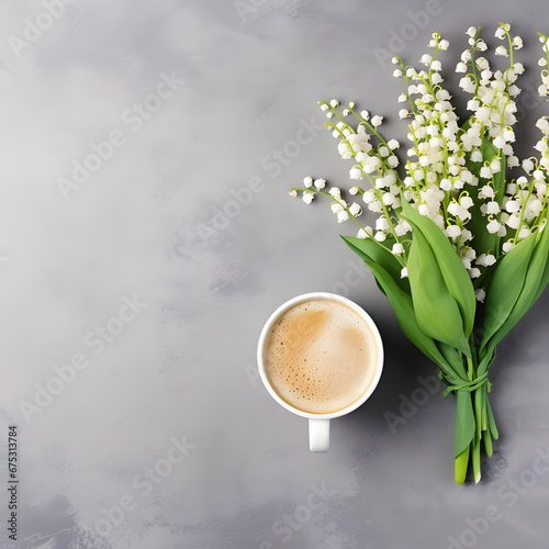 Coffee mug with bouquet of flowers lily of the valley on gray stone table top view in flat lay and minimalistic style. Beautiful morning breakfast. photo