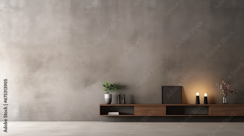 3D interior rendering of a potted plant, built-in wooden shelving on wall in the living room. - obrazy, fototapety, plakaty 