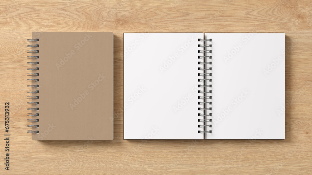 Notebook mockup. Closed and open blank notebook with craft paper cover. Spiral notepad on wooden background Notebook mockup. Closed and open blank notebook with craft paper cover. Spiral notepad on wooden background